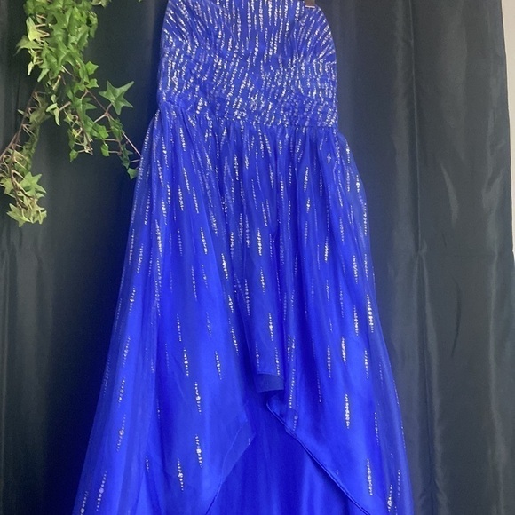 Morgan & Co. Blue Glittery Prom Dress Hi Low - Picture 4 of 8